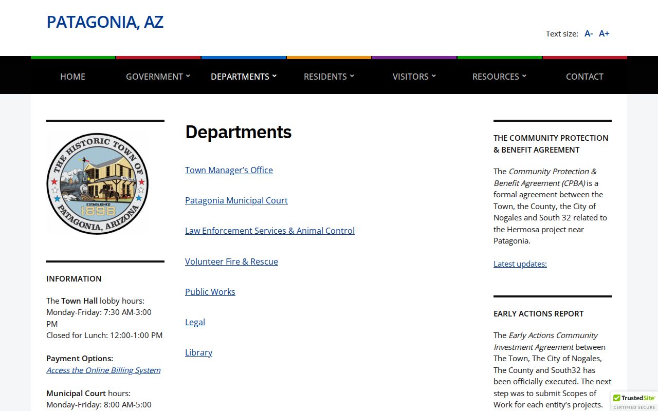 Patagonia departments page for Santa Cruz County arrest record routing