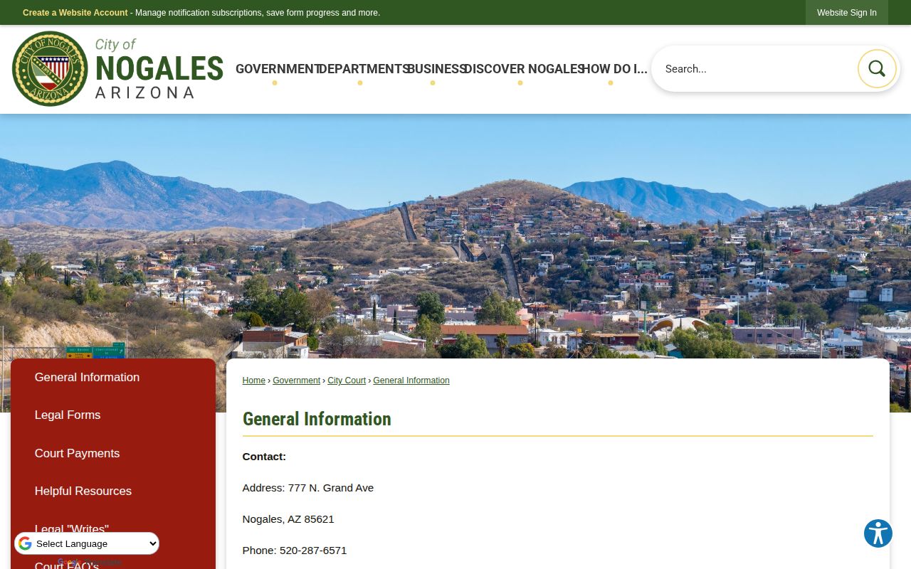 Nogales City Court page for Santa Cruz County arrest case records