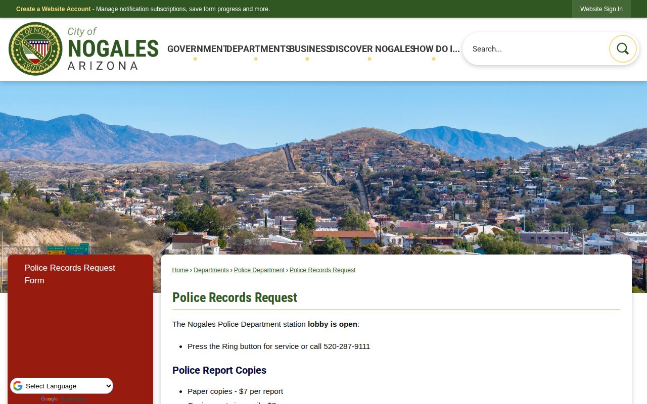 Nogales Police request page for Santa Cruz County arrest records